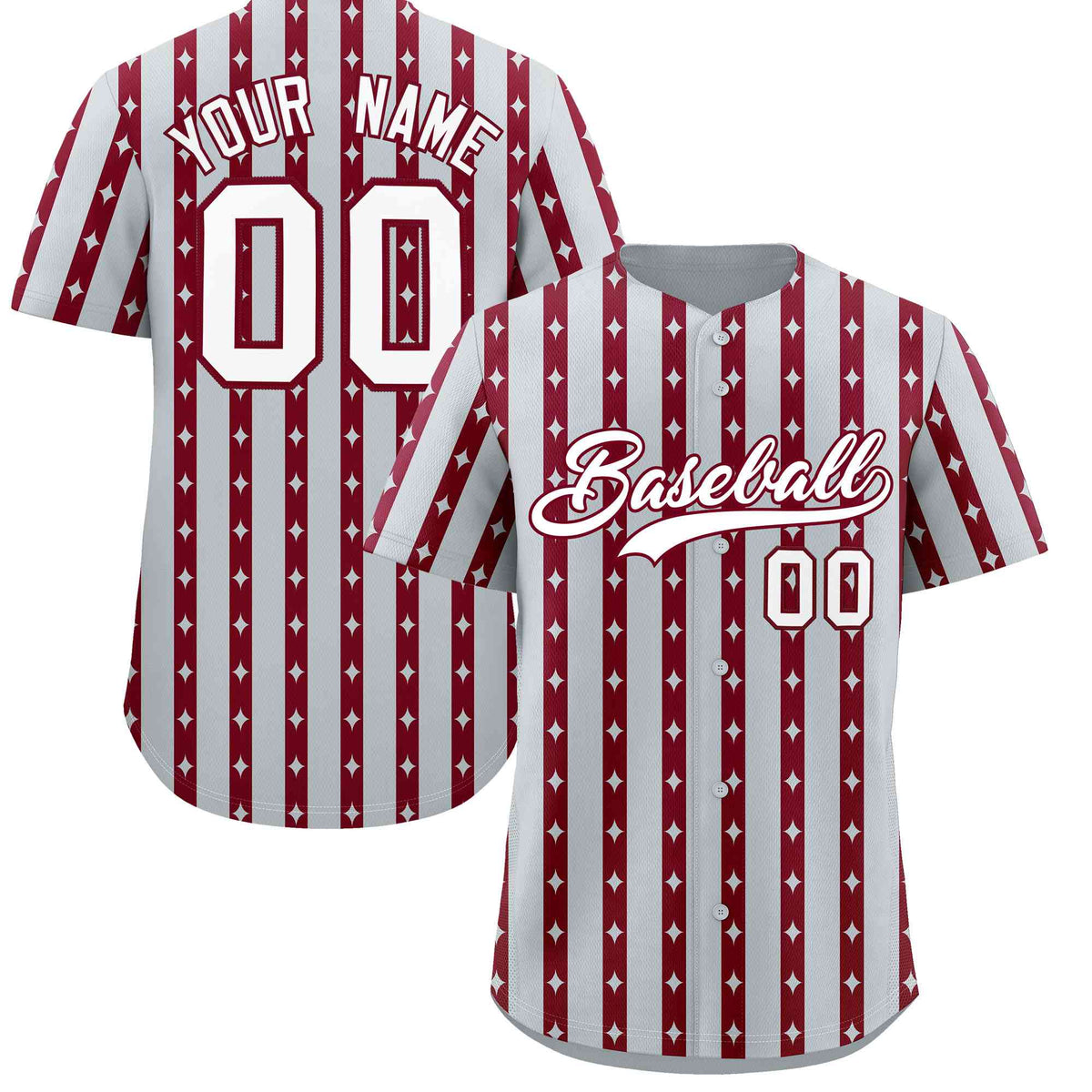 Custom Silver Crimson Star Pattern Thick Stripes Baseball Jersey