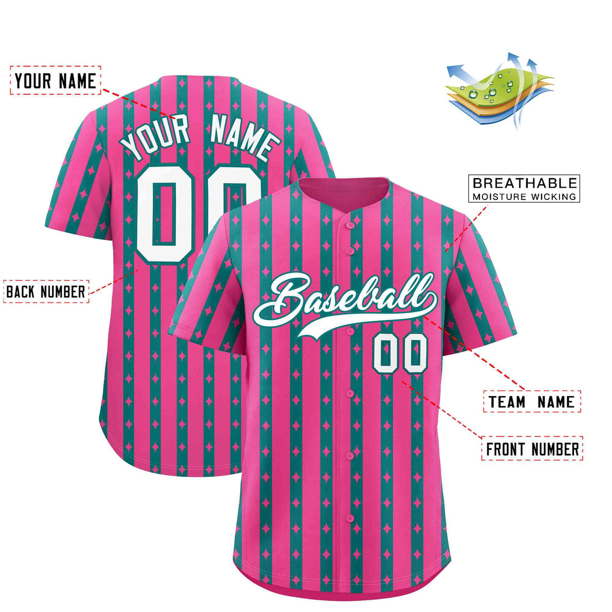 Custom Pink Teal Star Pattern Thick Stripes Baseball Jersey