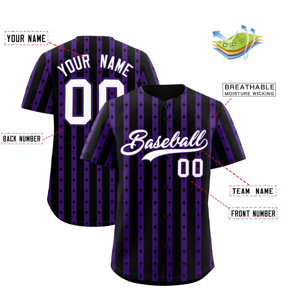 Custom Black Purple Star Pattern Thick Stripes Baseball Jersey