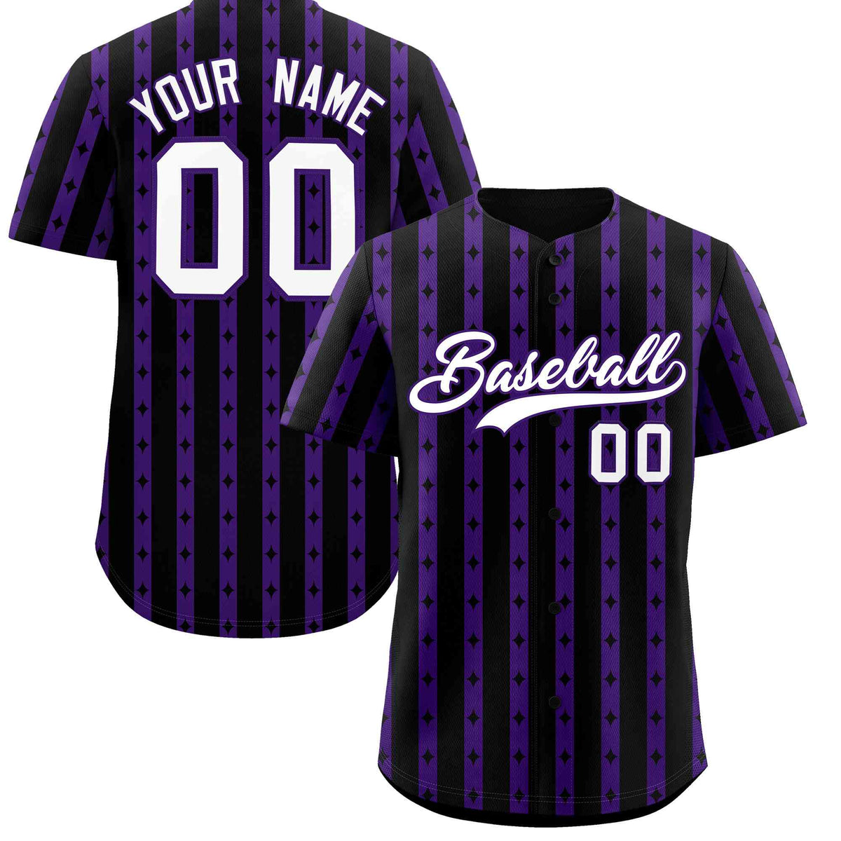 Custom Black Purple Star Pattern Thick Stripes Baseball Jersey