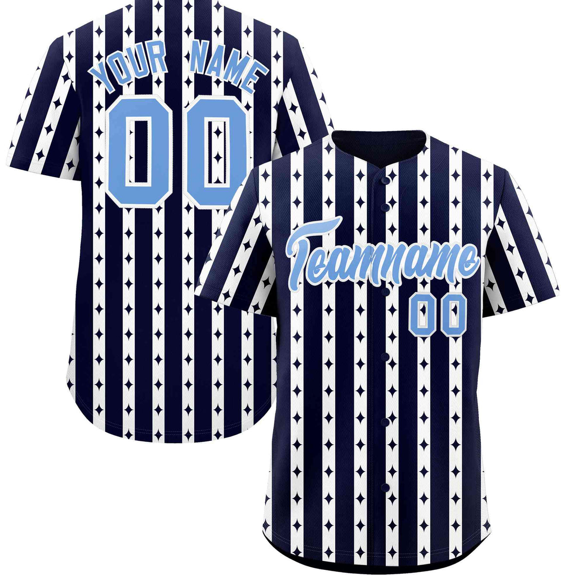 Custom Navy White Star Pattern Thick Stripes Baseball Jersey