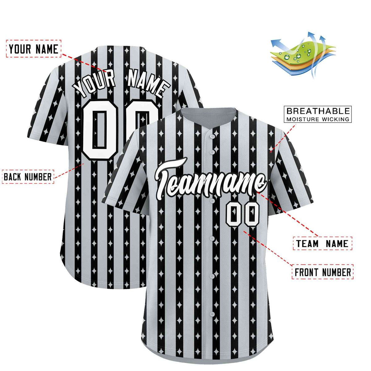 Custom Silver Black Star Pattern Thick Stripes Baseball Jersey