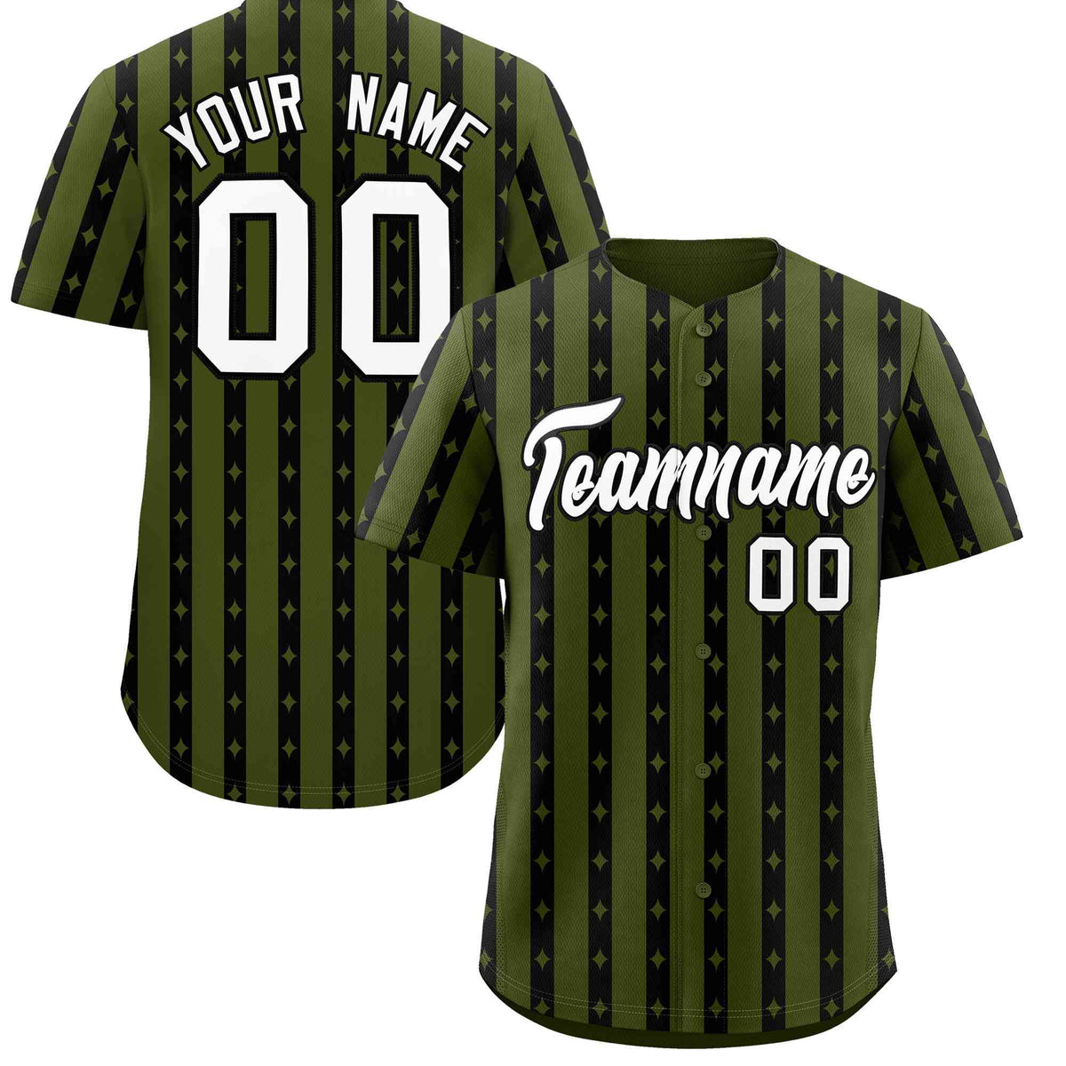 Custom Olive Black Star Pattern Thick Stripes Baseball Jersey