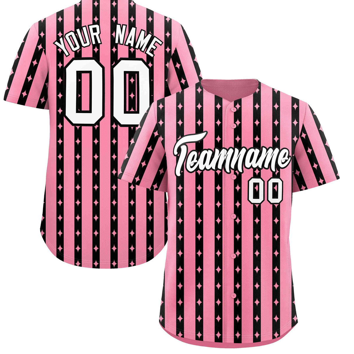 Custom Light Pink Black Star Pattern Thick Stripes Baseball Jersey