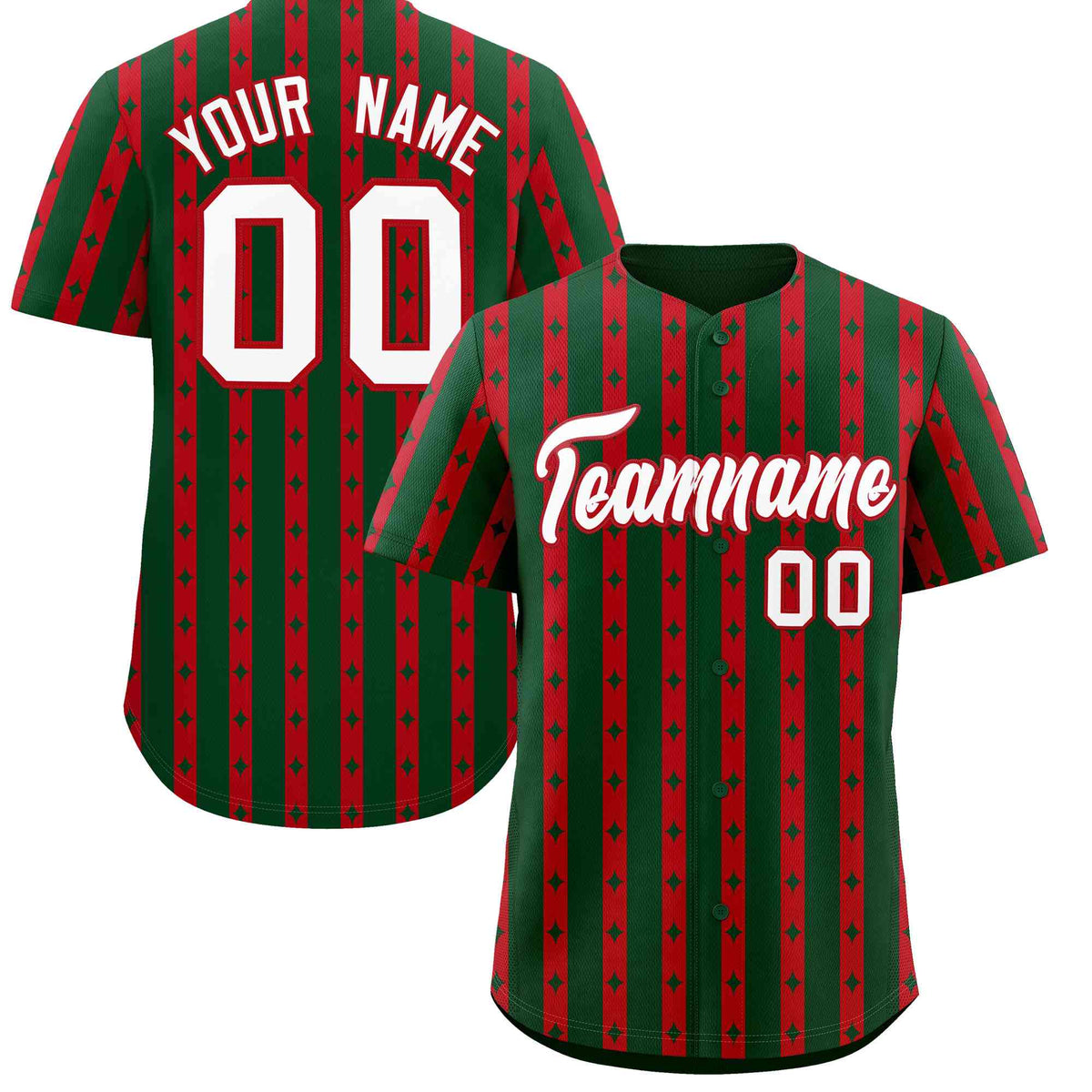 Custom Green Red Star Pattern Thick Stripes Baseball Jersey