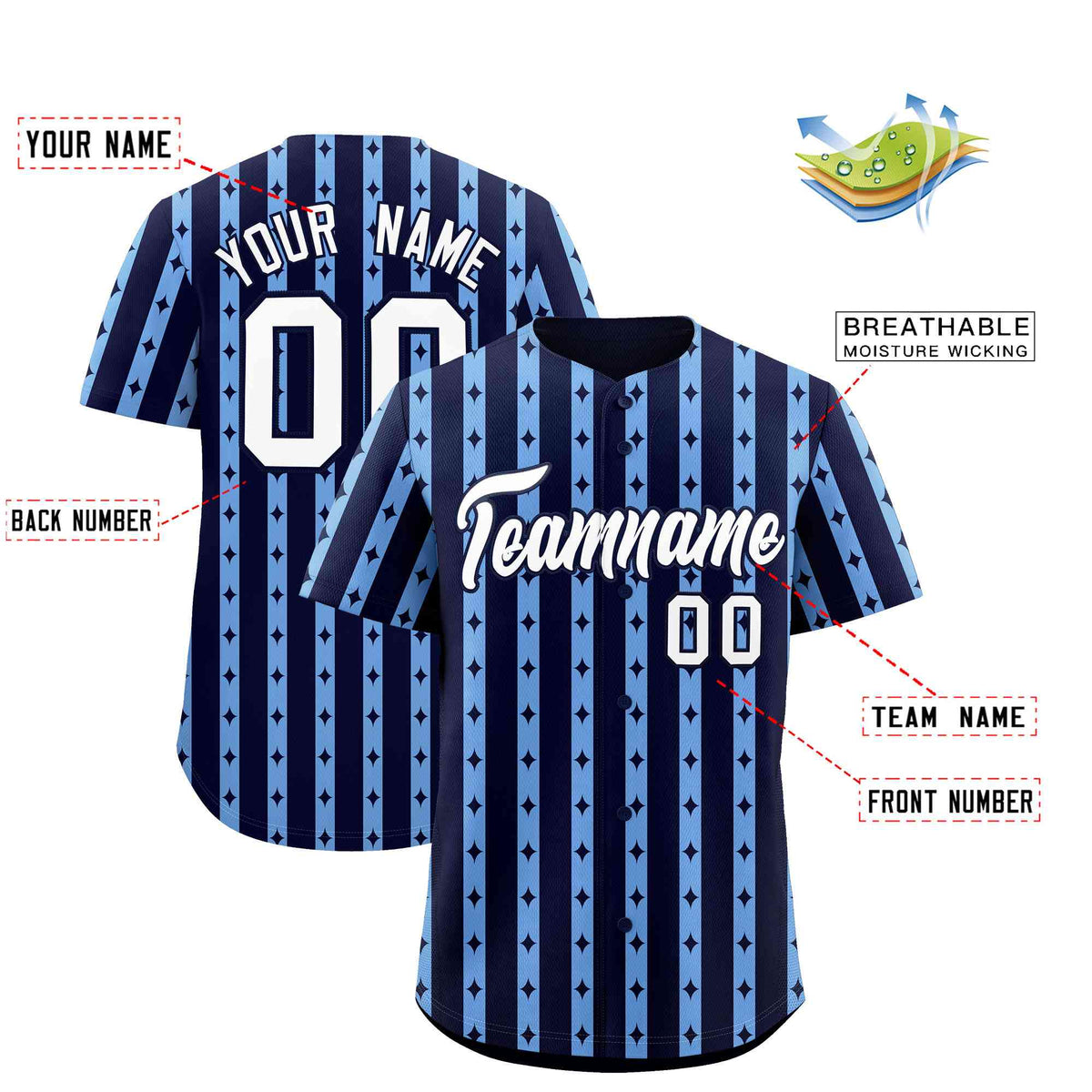 Custom Navy Light Blue Star Pattern Thick Stripes Baseball Jersey