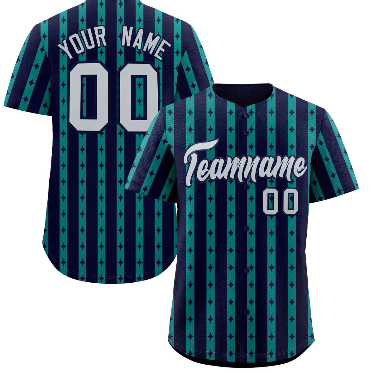 Custom Navy Teal Star Pattern Thick Stripes Baseball Jersey