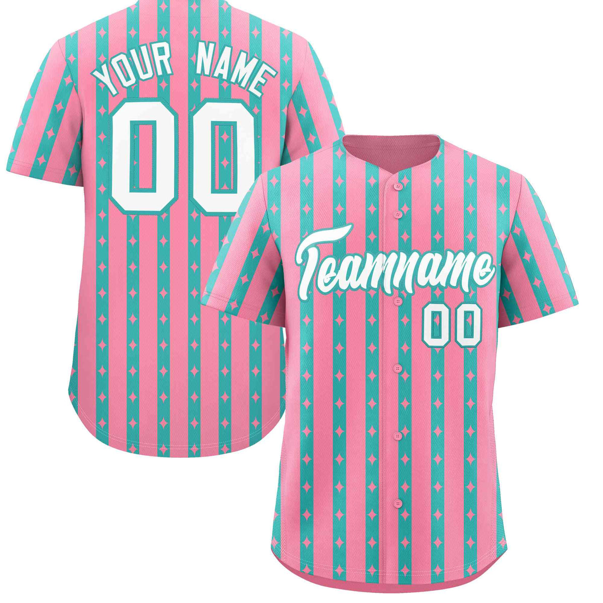 Custom Light Pink Teal Star Pattern Thick Stripes Baseball Jersey