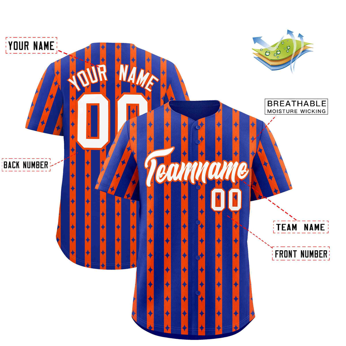Custom Royal Blue Orange Star Pattern Thick Stripes Baseball Jersey