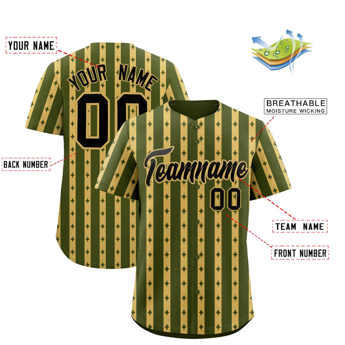 Custom Olive Old Gold Star Pattern Thick Stripes Baseball Jersey