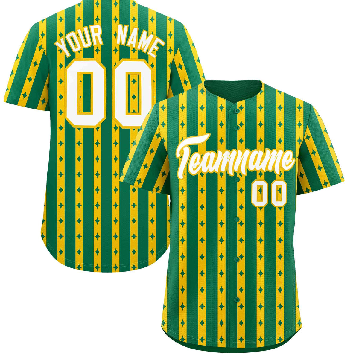 Custom Kelly Green Gold Star Pattern Thick Stripes Baseball Jersey