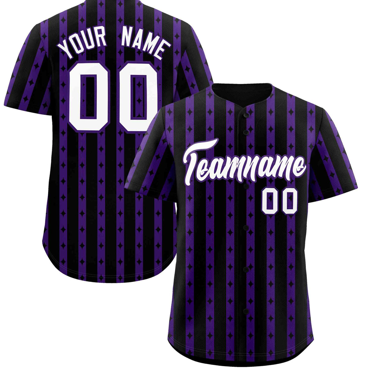 Custom Black Purple Star Pattern Thick Stripes Baseball Jersey