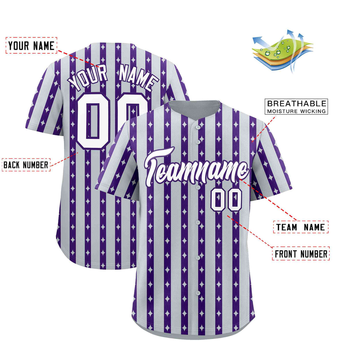 Custom Silver Purple Star Pattern Thick Stripes Baseball Jersey