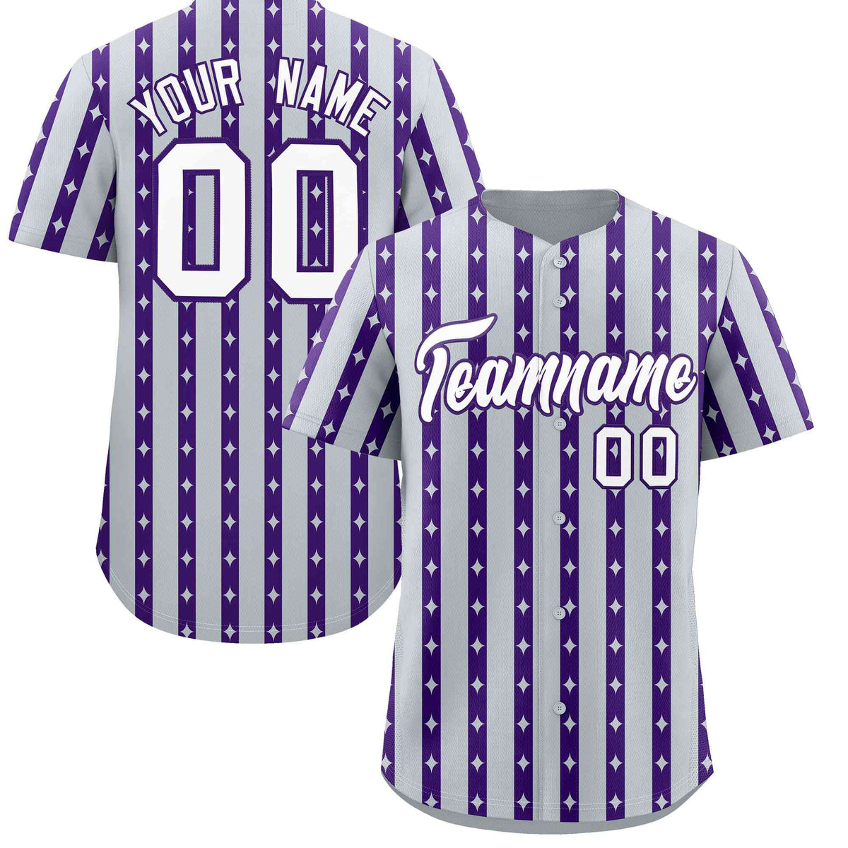 Custom Silver Purple Star Pattern Thick Stripes Baseball Jersey