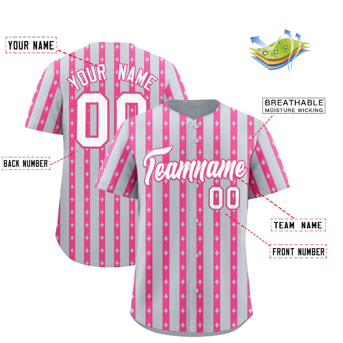 Custom Silver Pink Star Pattern Thick Stripes Baseball Jersey
