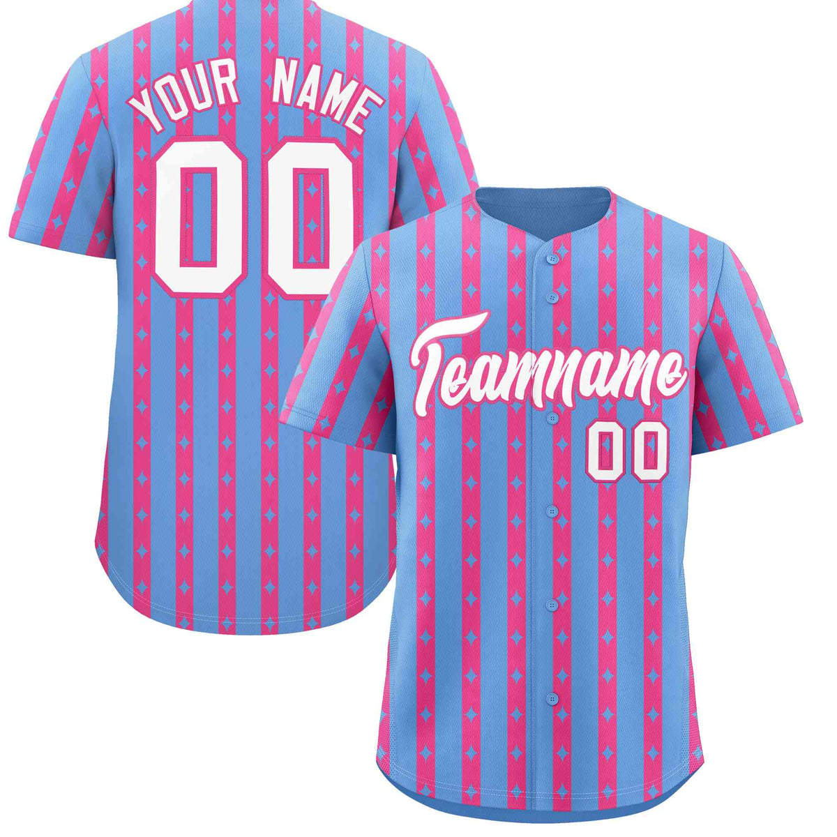 Custom Light Blue Pink Star Pattern Thick Stripes Baseball Jersey