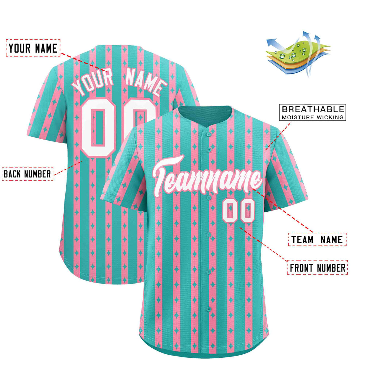 Custom Teal Light Pink Star Pattern Thick Stripes Baseball Jersey