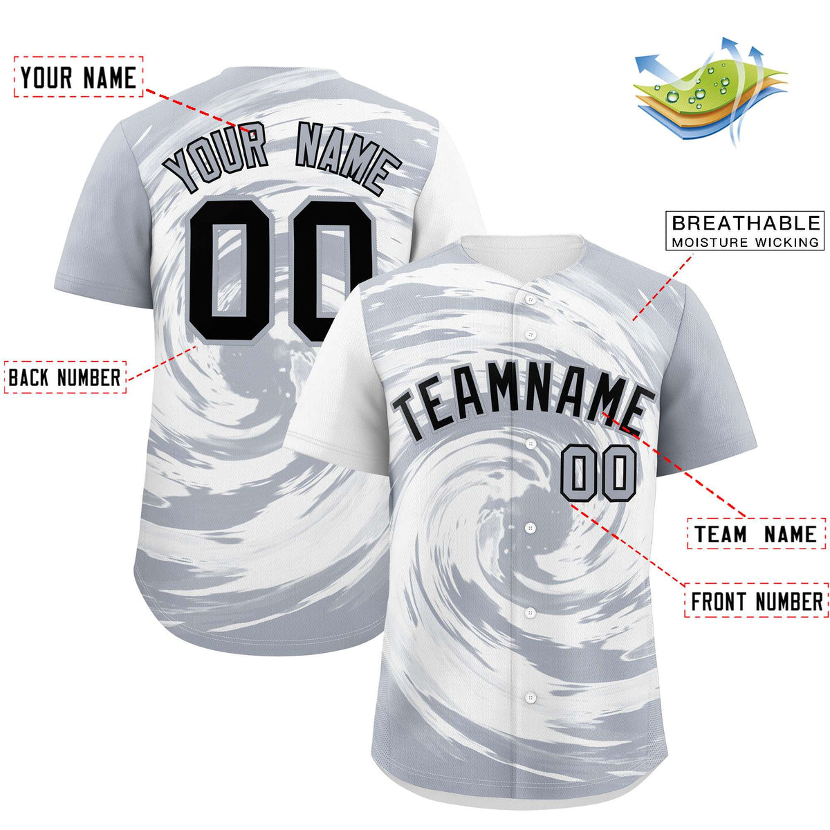 Custom White Silver Swirl Graffiti Pattern Authentic Baseball Jersey