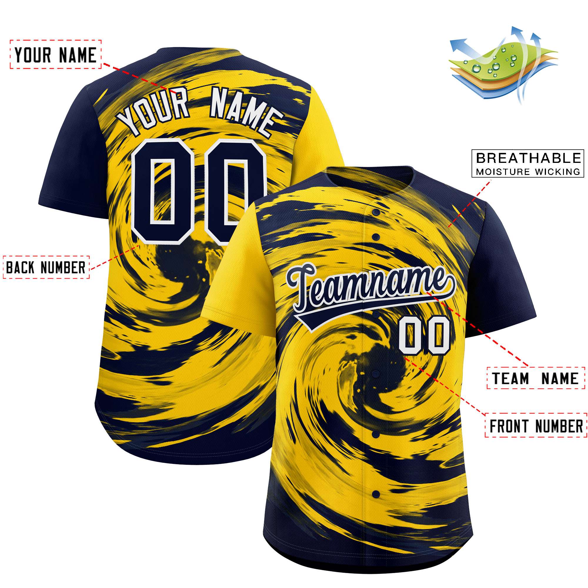 Custom Gold Navy Swirl Graffiti Pattern Authentic Baseball Jersey