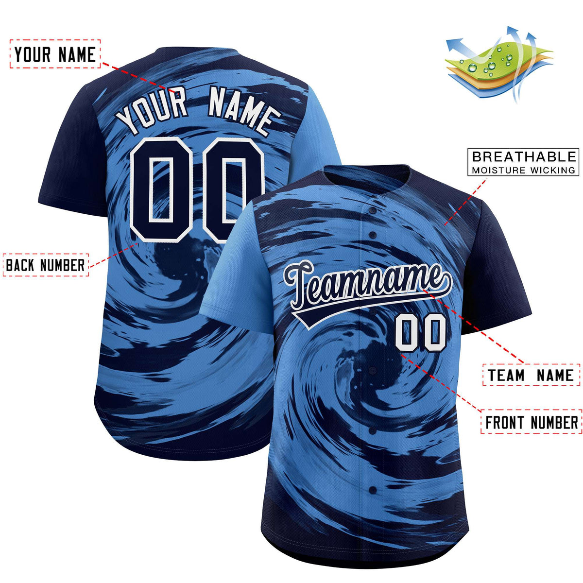 Custom Light Blue Navy Swirl Graffiti Pattern Authentic Baseball Jersey