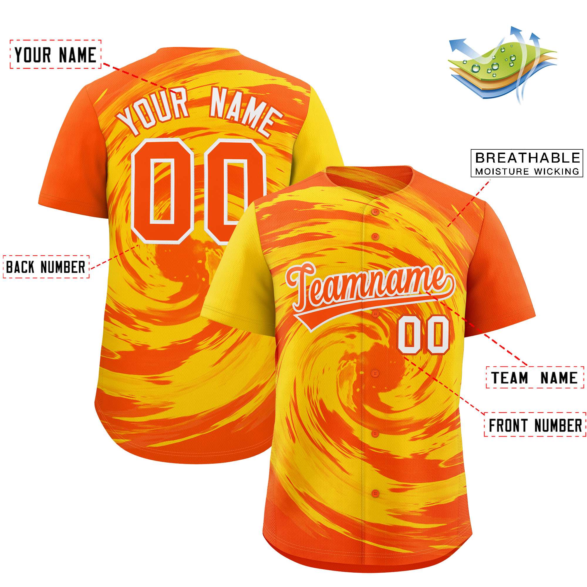 Custom Gold Orange Swirl Graffiti Pattern Authentic Baseball Jersey
