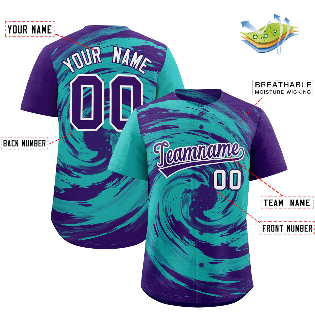 Custom Aqua Purple Swirl Graffiti Pattern Authentic Baseball Jersey