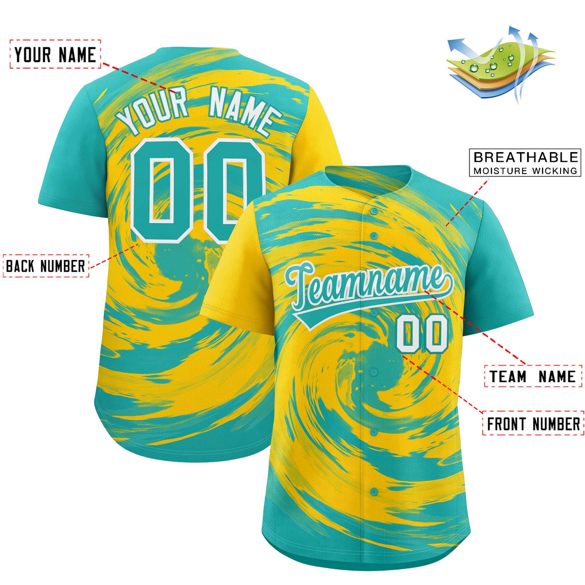 Custom Gold Aqua Swirl Graffiti Pattern Authentic Baseball Jersey