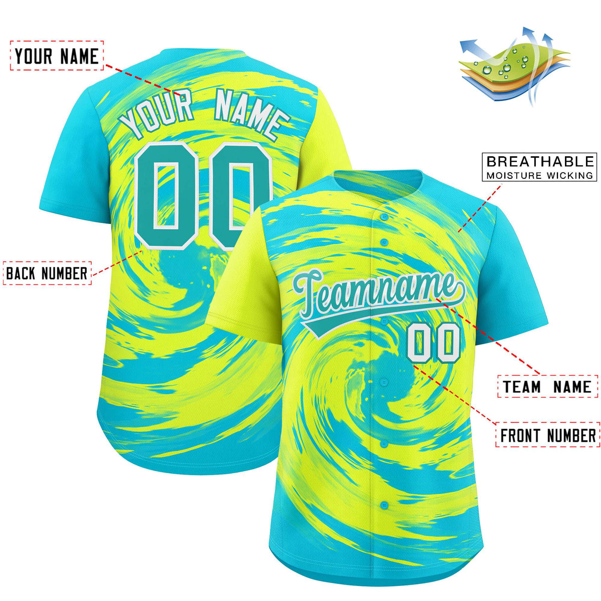 Custom Green Sky Blue Swirl Graffiti Pattern Authentic Baseball Jersey