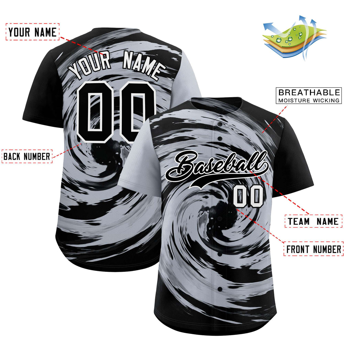Custom Silver Black Swirl Graffiti Pattern Authentic Baseball Jersey