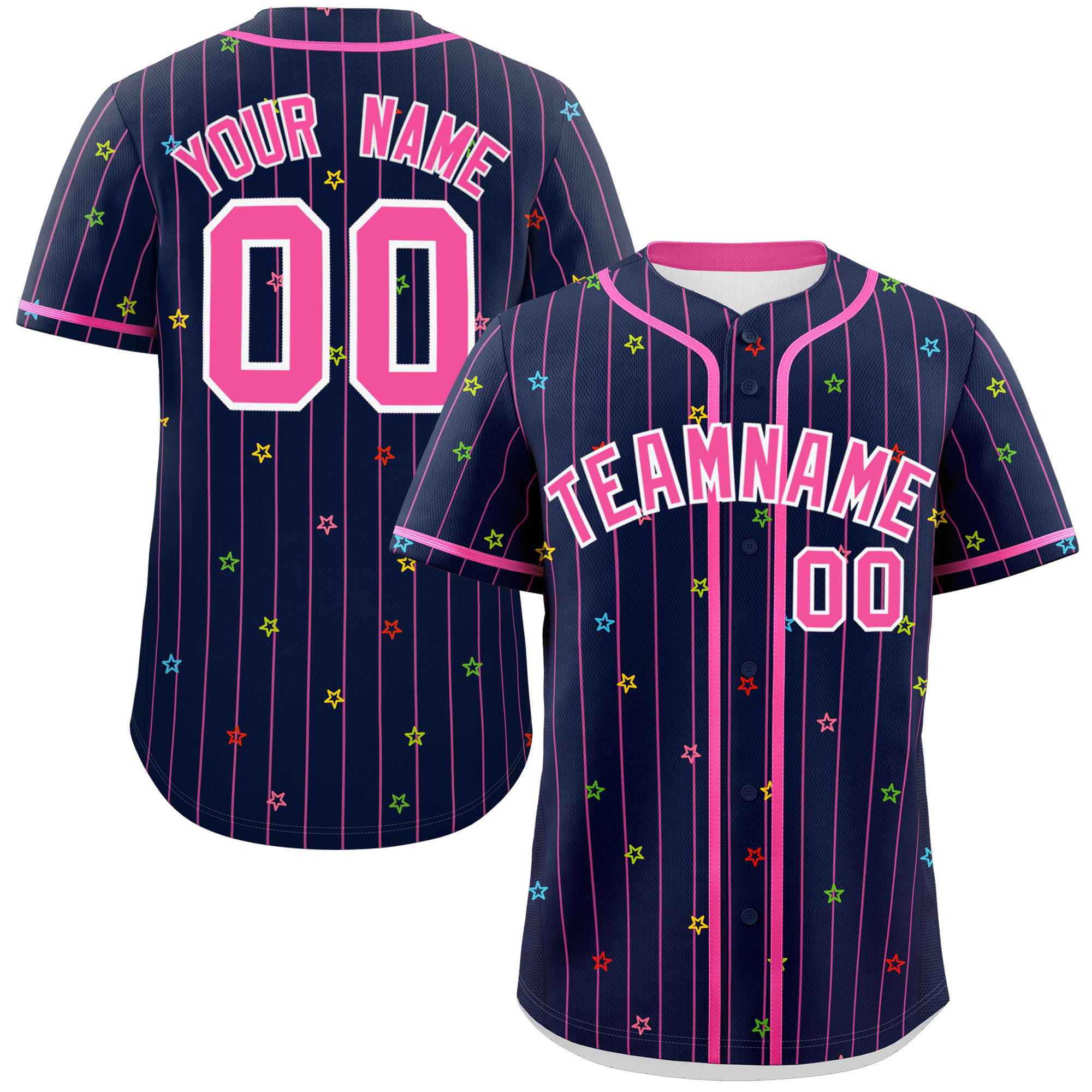 Custom Navy Pink Stripe Fashion Personalized Star Pattern Authentic Baseball Jersey