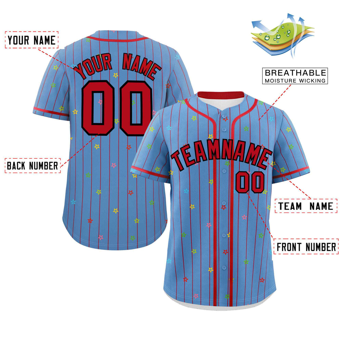 Custom Light Blue Red Stripe Fashion Personalized Star Pattern Authentic Baseball Jersey