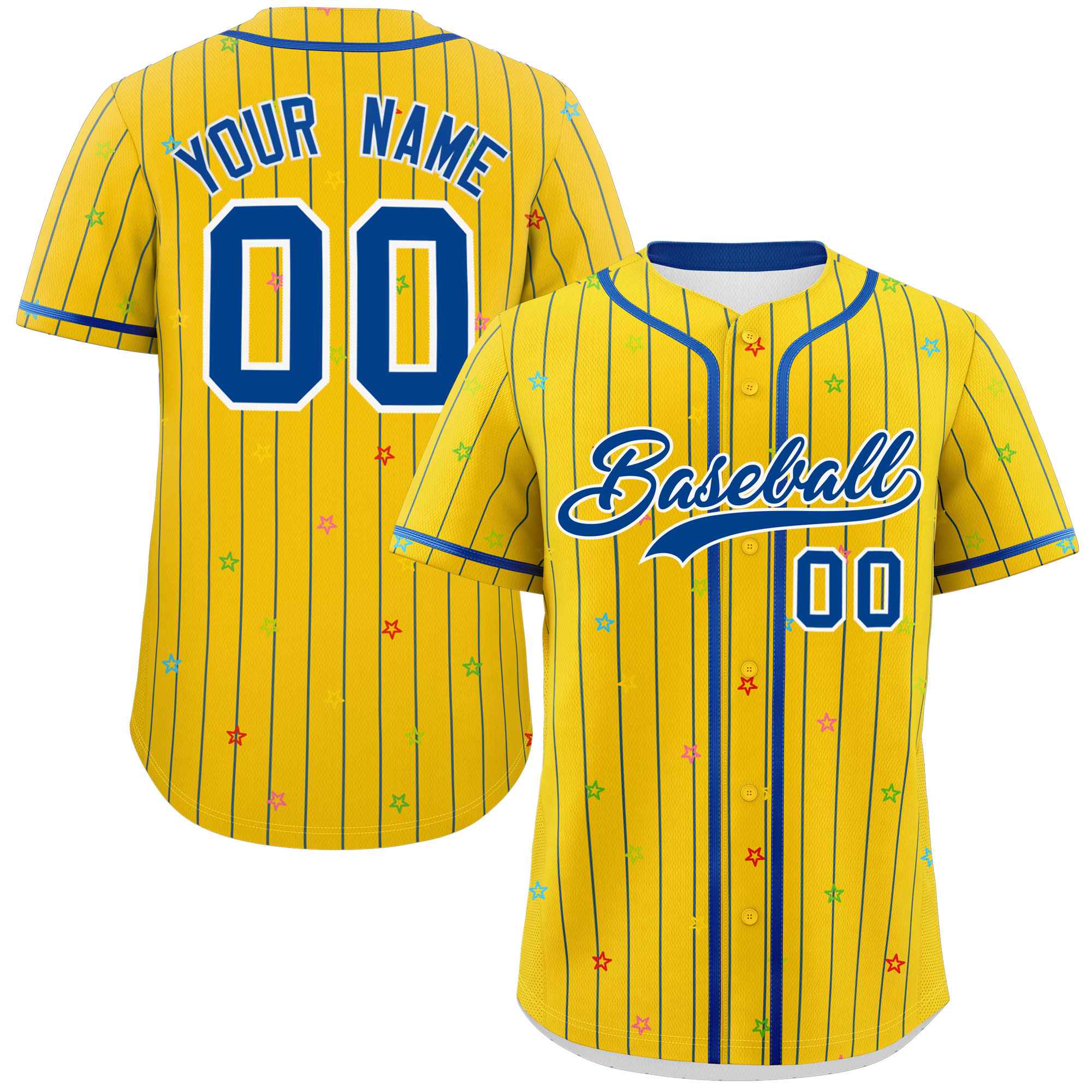 Custom Gold Royal Stripe Fashion Personalized Star Pattern Authentic Baseball Jersey