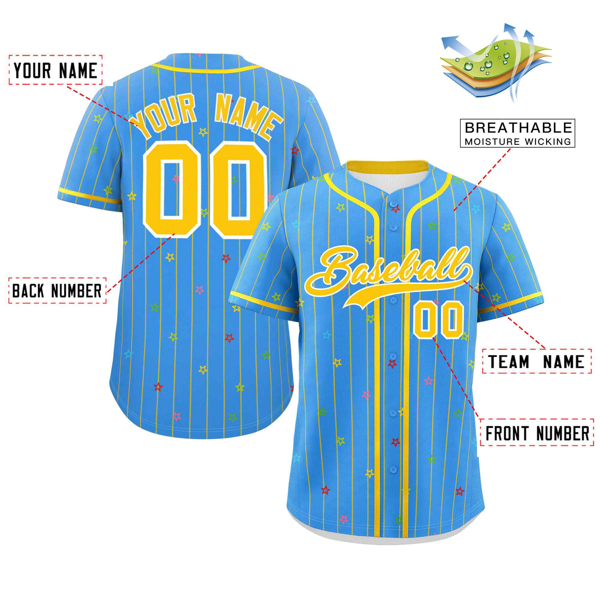 Custom Powder Blue Gold Stripe Fashion Personalized Star Pattern Authentic Baseball Jersey