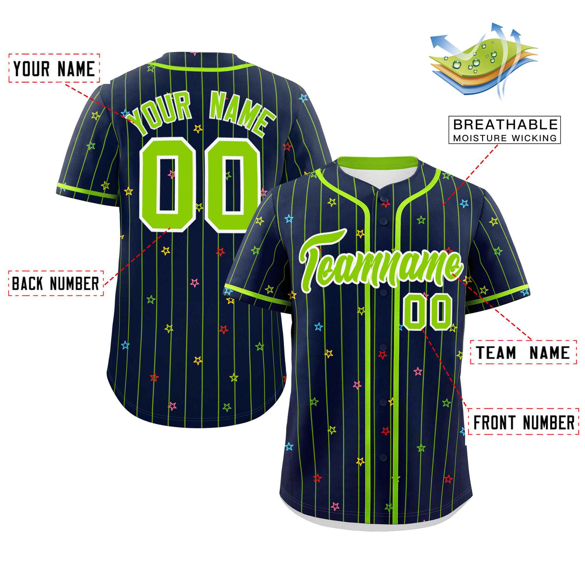 Custom Navy Neon Green Stripe Fashion Personalized Star Pattern Authentic Baseball Jersey