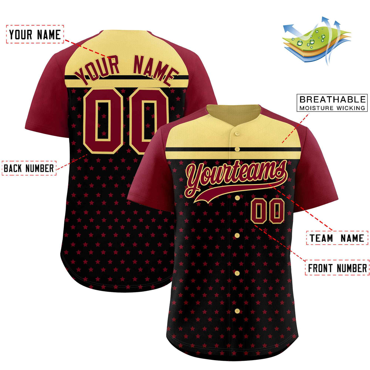 Custom Black Crimson-Khaki Raglan Sleeve Personalized Star Print Authentic Baseball Jersey