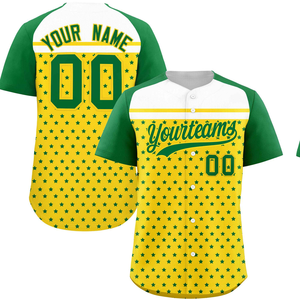Custom Gold Kelly Green-White Raglan Sleeve Personalized Star Print Authentic Baseball Jersey