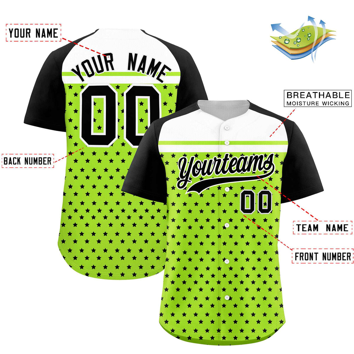 Custom Neon Green Black-White Raglan Sleeve Personalized Star Print Authentic Baseball Jersey