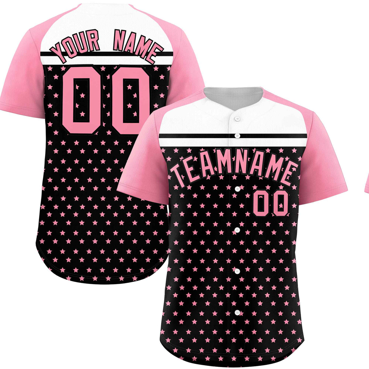 Custom Black Light Pink-White Raglan Sleeve Personalized Star Print Authentic Baseball Jersey