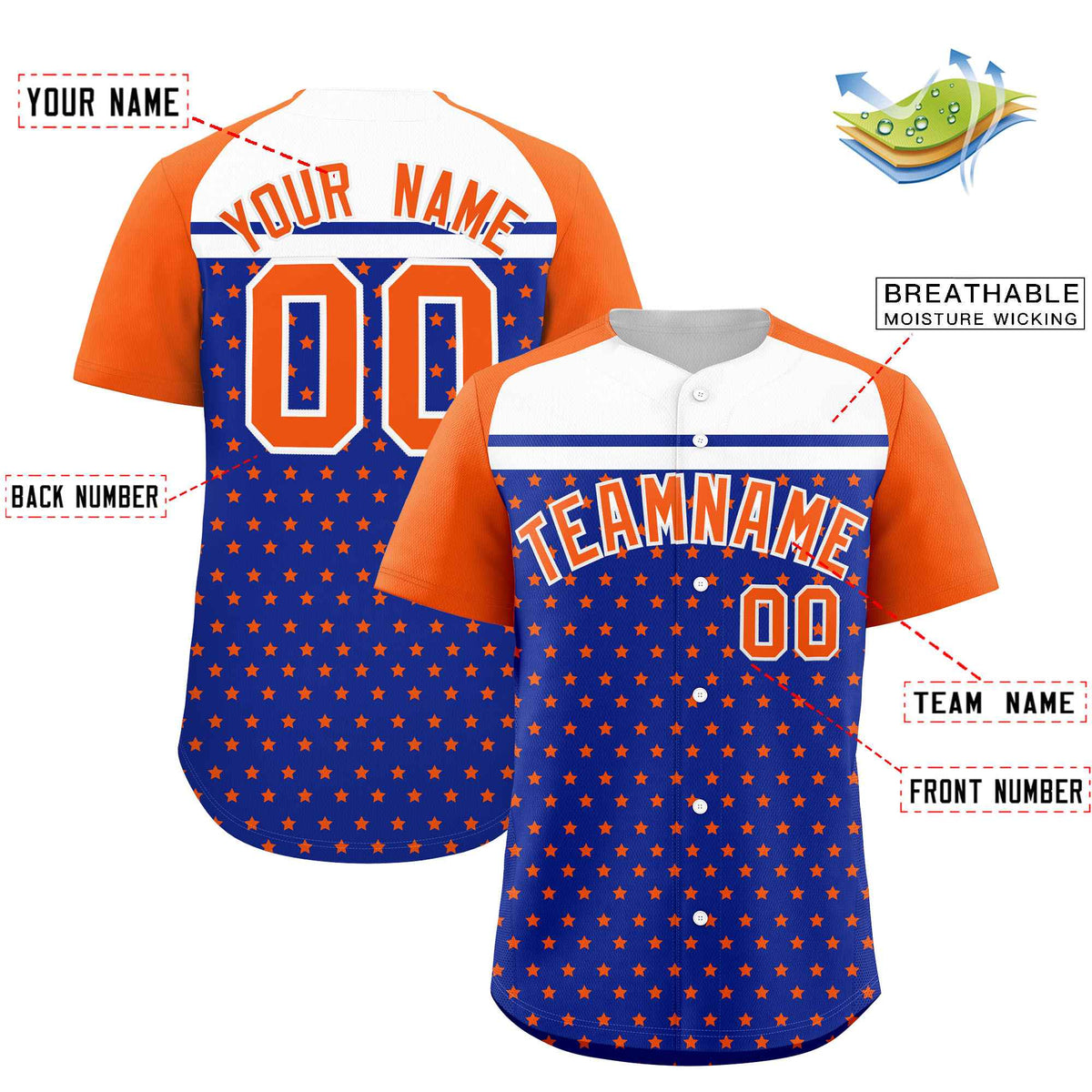 Custom Royal Orange-White Raglan Sleeve Personalized Star Print Authentic Baseball Jersey