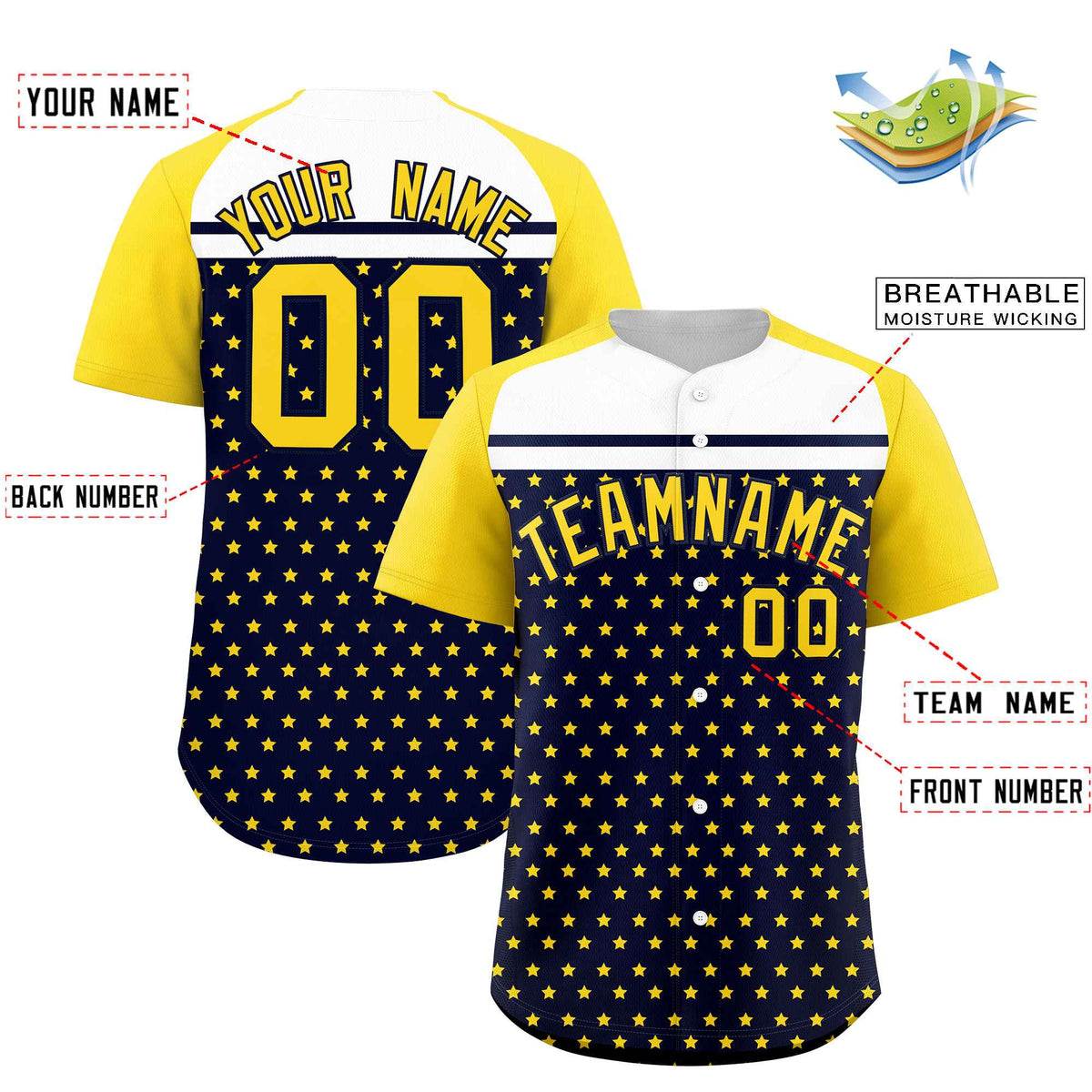 Custom Navy Gold-White Raglan Sleeve Personalized Star Print Authentic Baseball Jersey