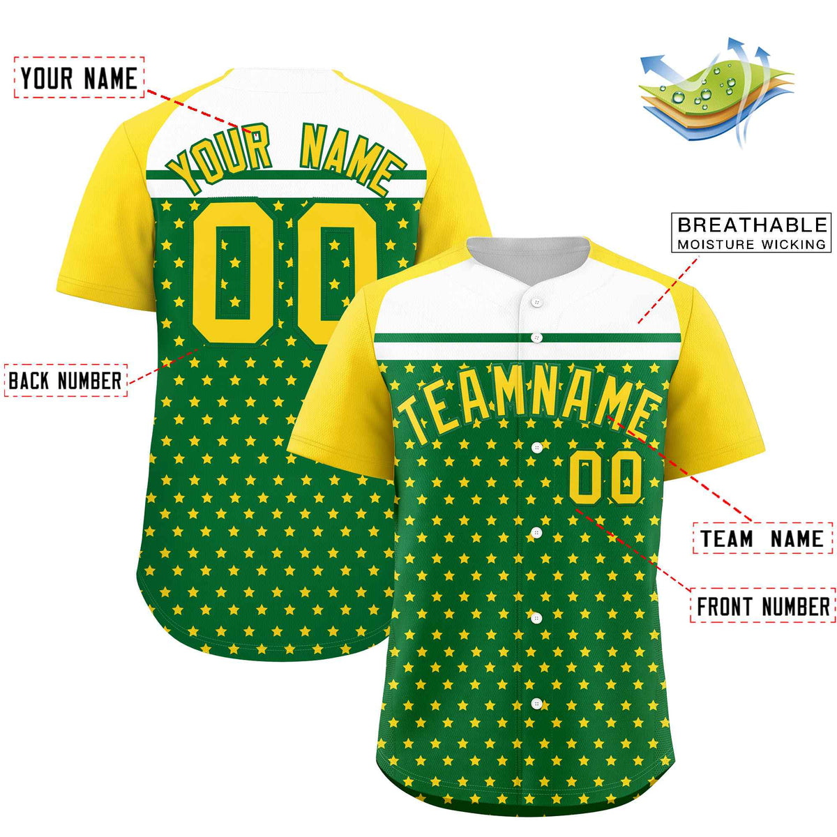 Custom Kelly Green Gold-White Raglan Sleeve Personalized Star Print Authentic Baseball Jersey