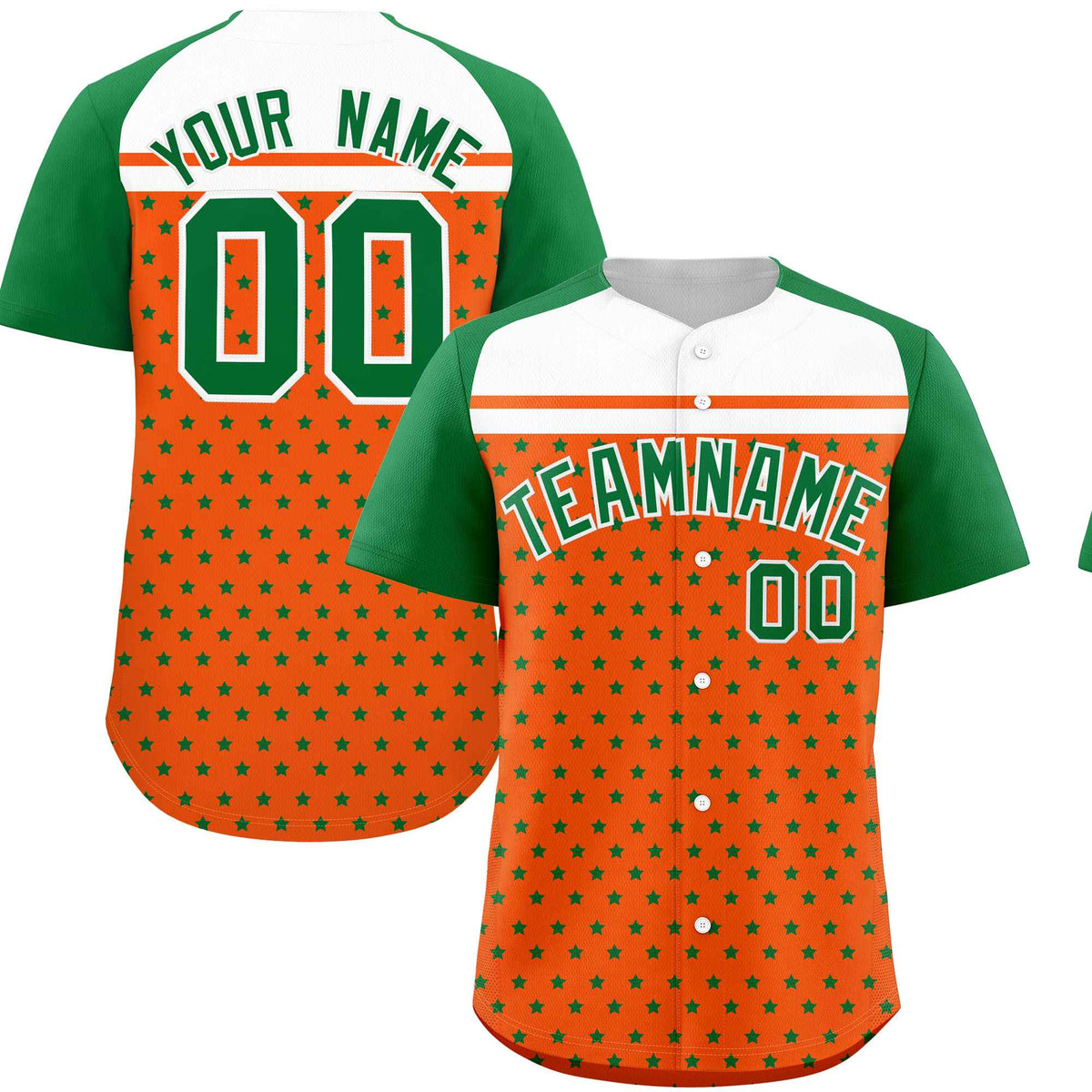 Custom Orange Kelly Green-White Raglan Sleeve Personalized Star Print Authentic Baseball Jersey