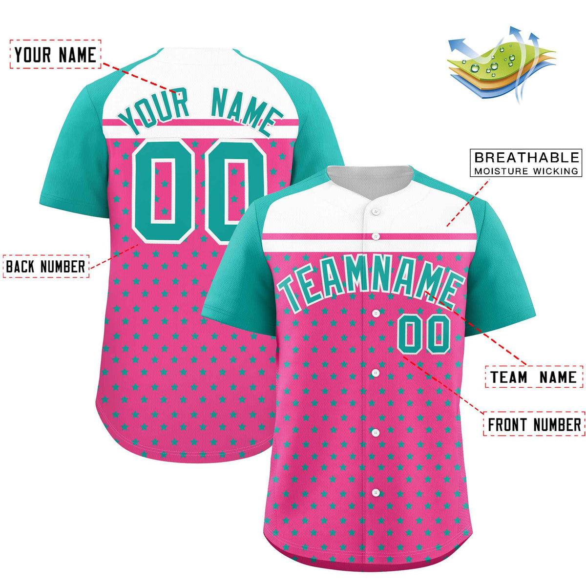Custom Pink Aqua-White Raglan Sleeve Personalized Star Print Authentic Baseball Jersey