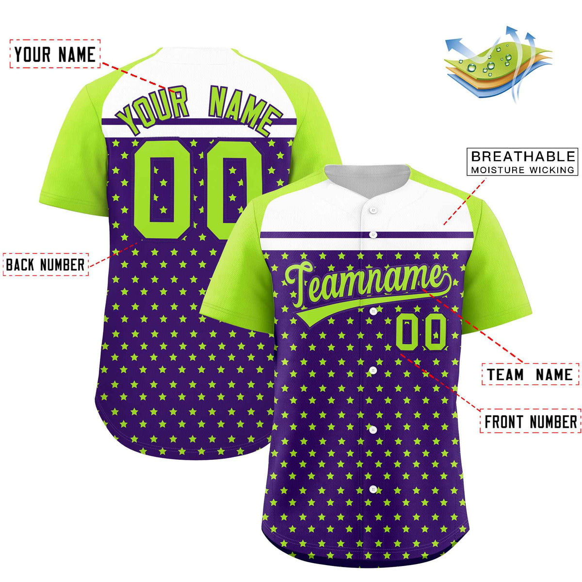 Custom Purple Neon Green-White Raglan Sleeve Personalized Star Print Authentic Baseball Jersey