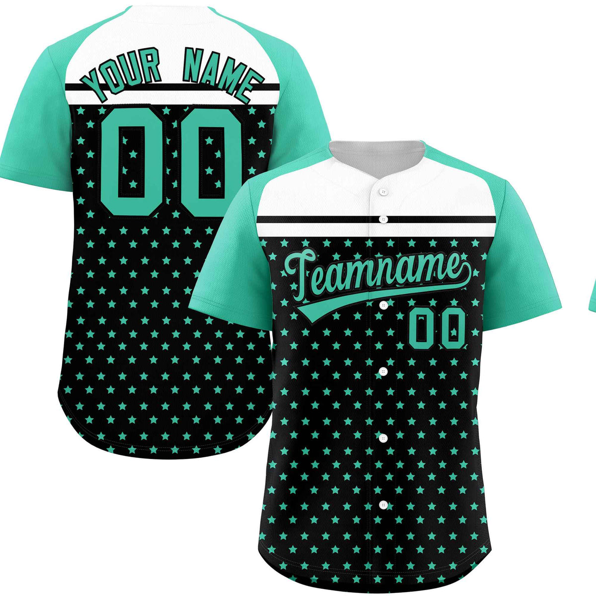 Custom Black Bright Green-White Raglan Sleeve Personalized Star Print Authentic Baseball Jersey