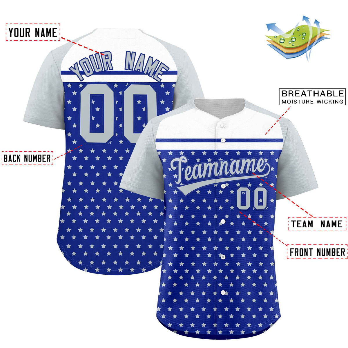 Custom Royal Silver-White Raglan Sleeve Personalized Star Print Authentic Baseball Jersey