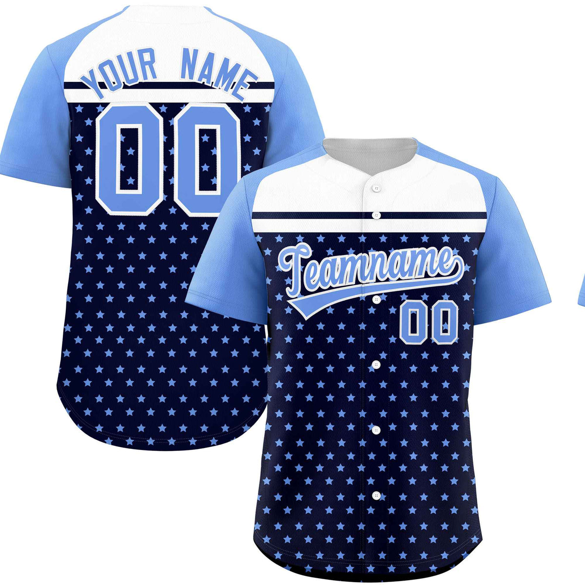 Custom Navy Light Blue-White Raglan Sleeve Personalized Star Print Authentic Baseball Jersey