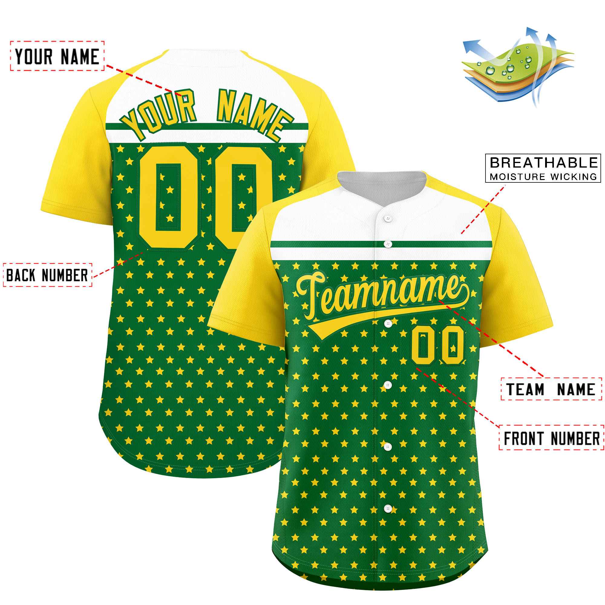 Custom Kelly Green Gold-White Raglan Sleeve Personalized Star Print Authentic Baseball Jersey