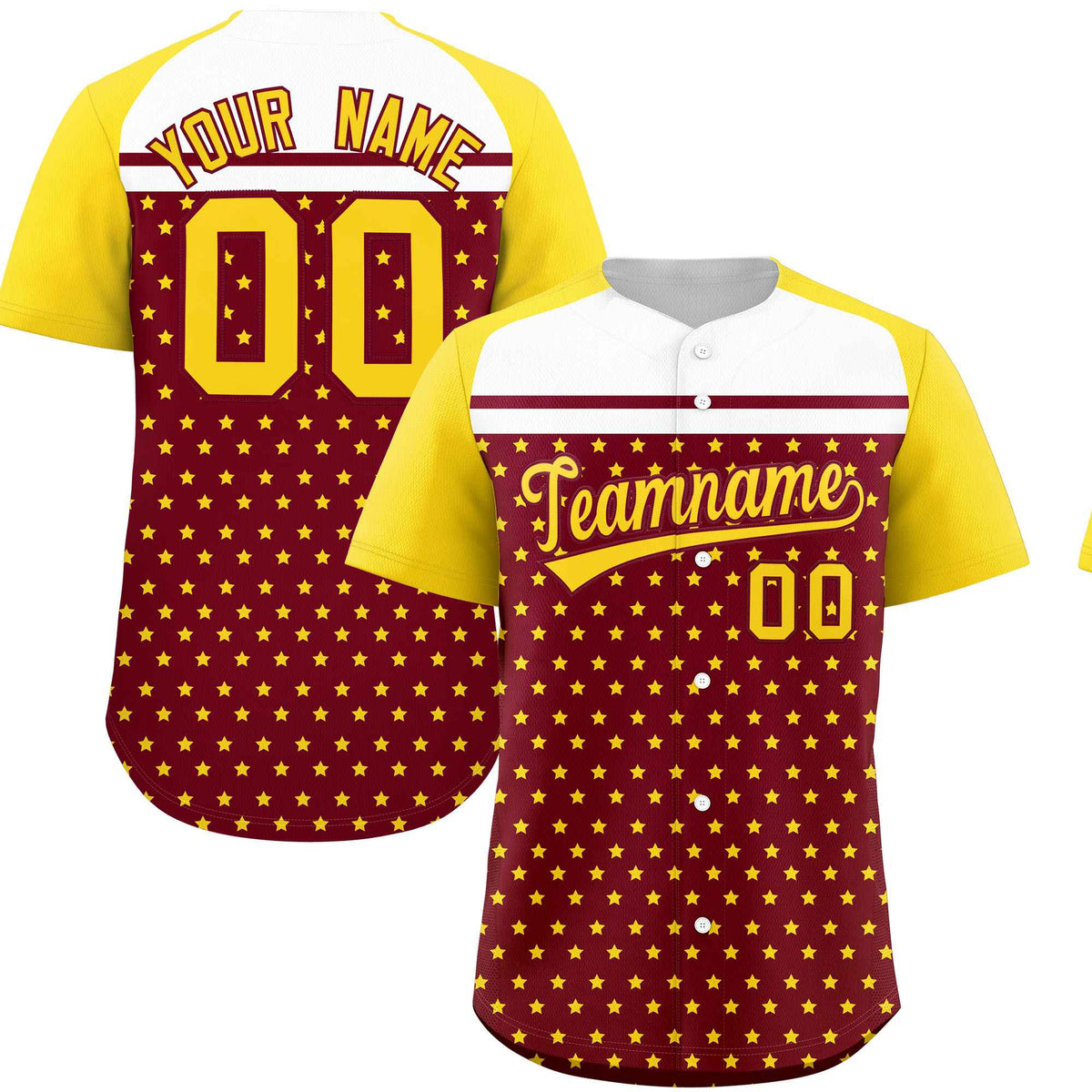 Custom Crimson Gold-White Raglan Sleeve Personalized Star Print Authentic Baseball Jersey