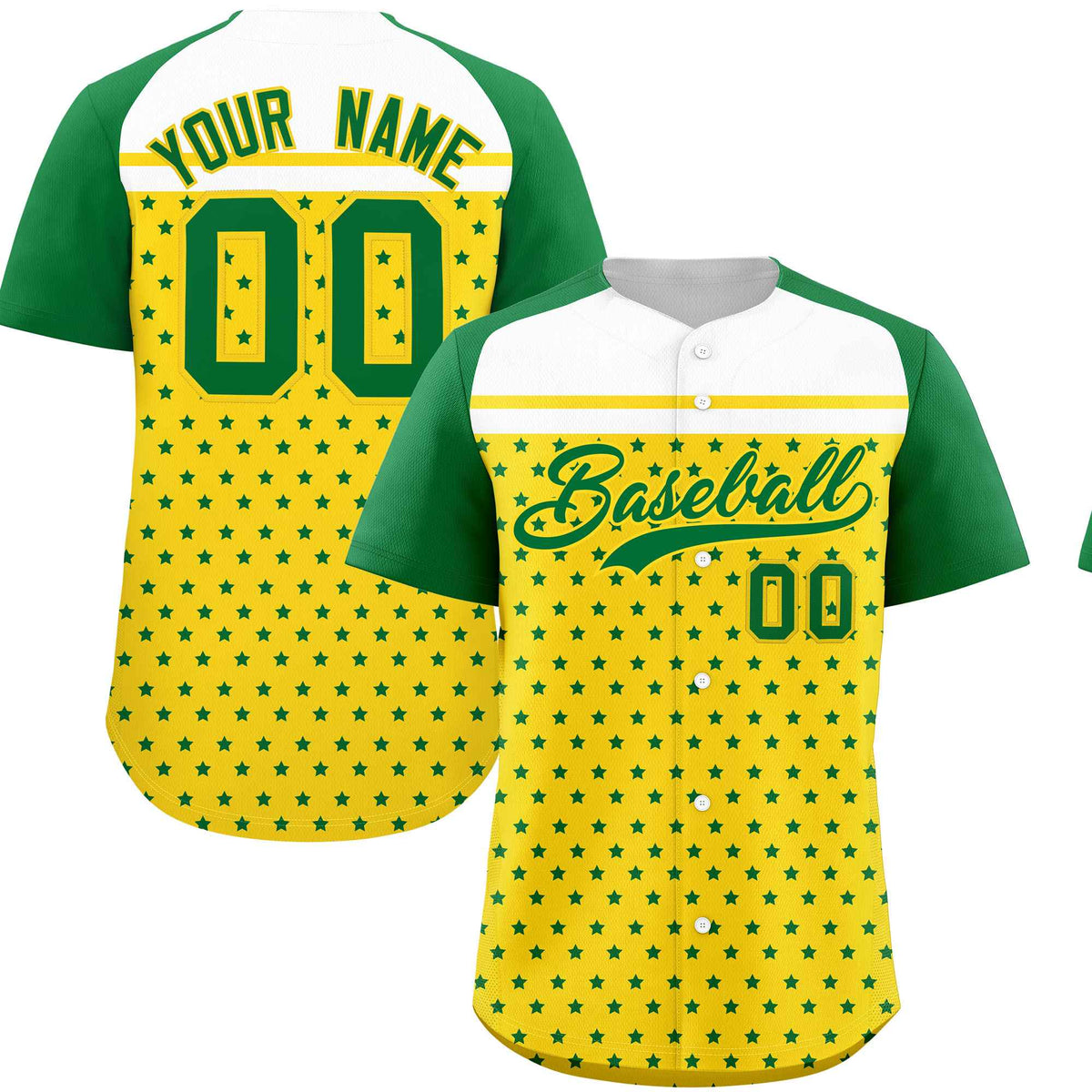 Custom Gold Kelly Green-White Raglan Sleeve Personalized Star Print Authentic Baseball Jersey